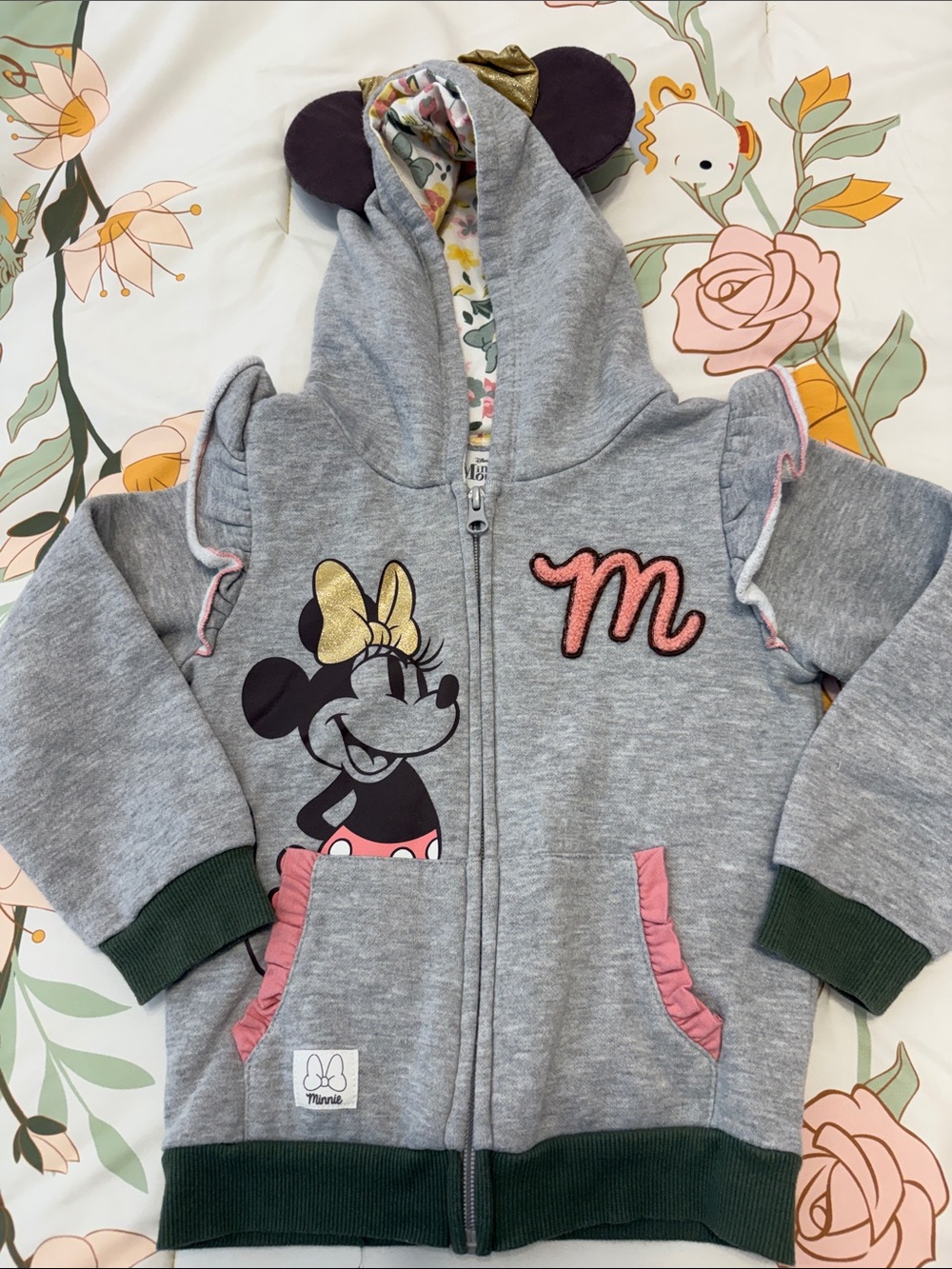 Disney Gray Minnie Mouse Hooded Zip-Up Sweatshirt with Pink and Gold Accents